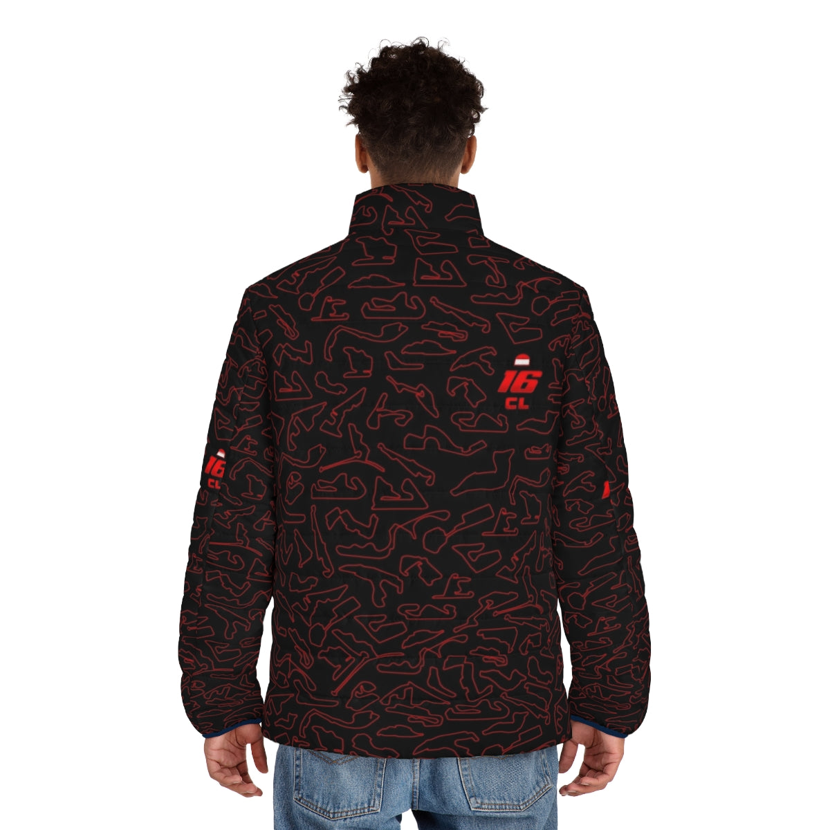 Charles Leclerc Formula 1 driver wearing a red and black puffer jacket with a racing-inspired pattern design - men back