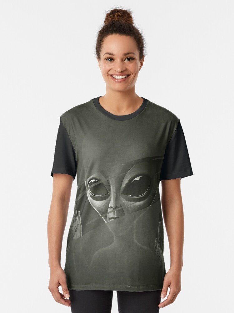 Alien graphic design on a black t-shirt, featuring a mysterious extraterrestrial creature in the cosmos. - Women