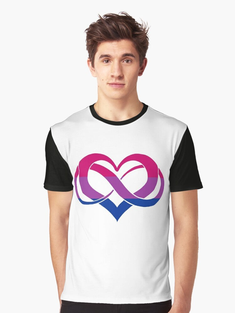 Bisexual pride LGBTQ polyamorous graphic t-shirt with watercolor bi flag, poly heart, and infinity symbol design - Men