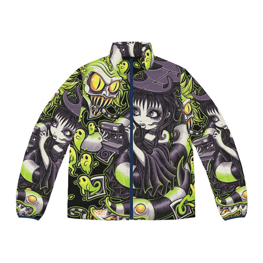 A puffer jacket with a gothic, horror-inspired design featuring Beetlejuice-inspired elements