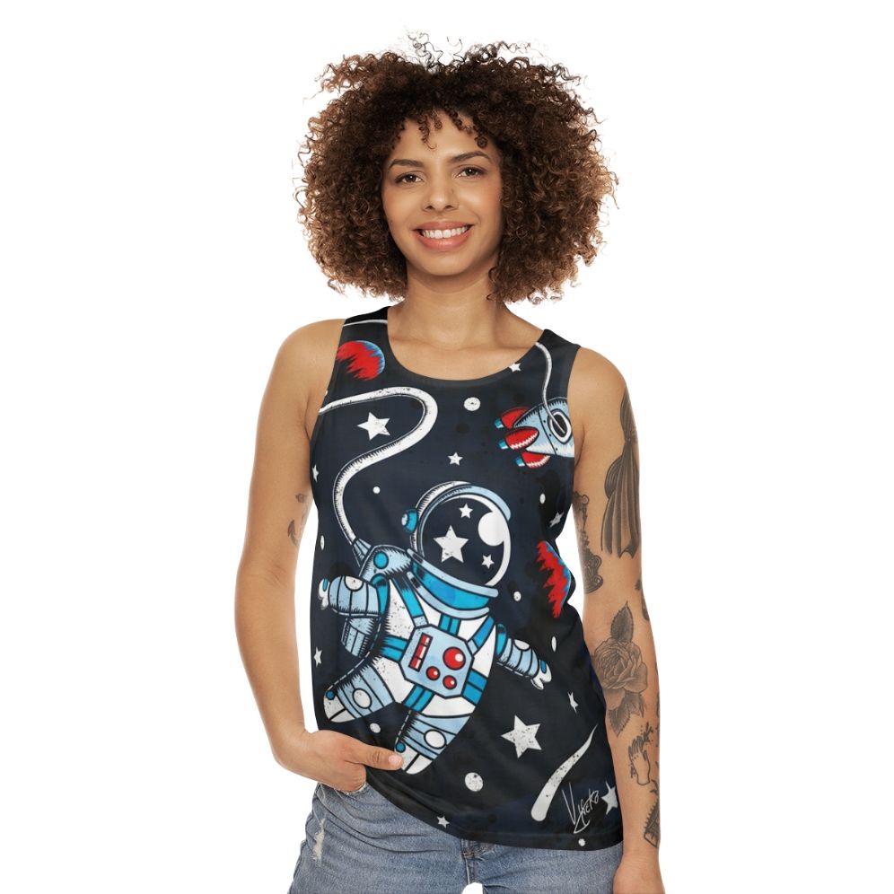 Space-themed unisex tank top with rocket ship and cosmic imagery - women