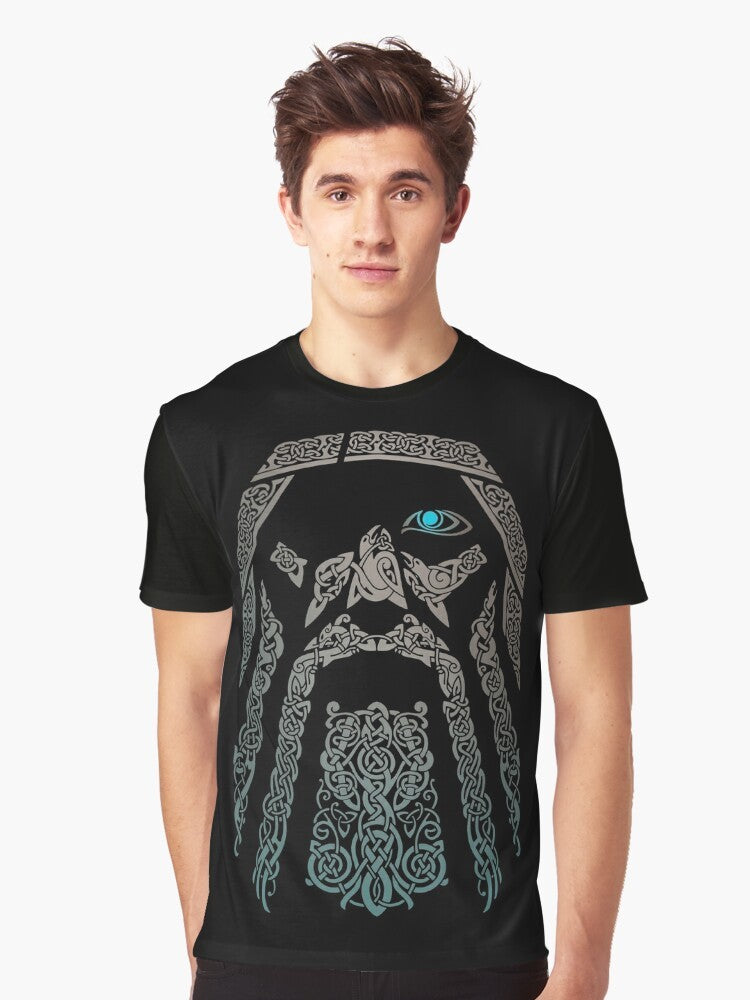 Odin, the Norse god, featured in a mystical, tribal-inspired graphic design on a grey t-shirt. - Men