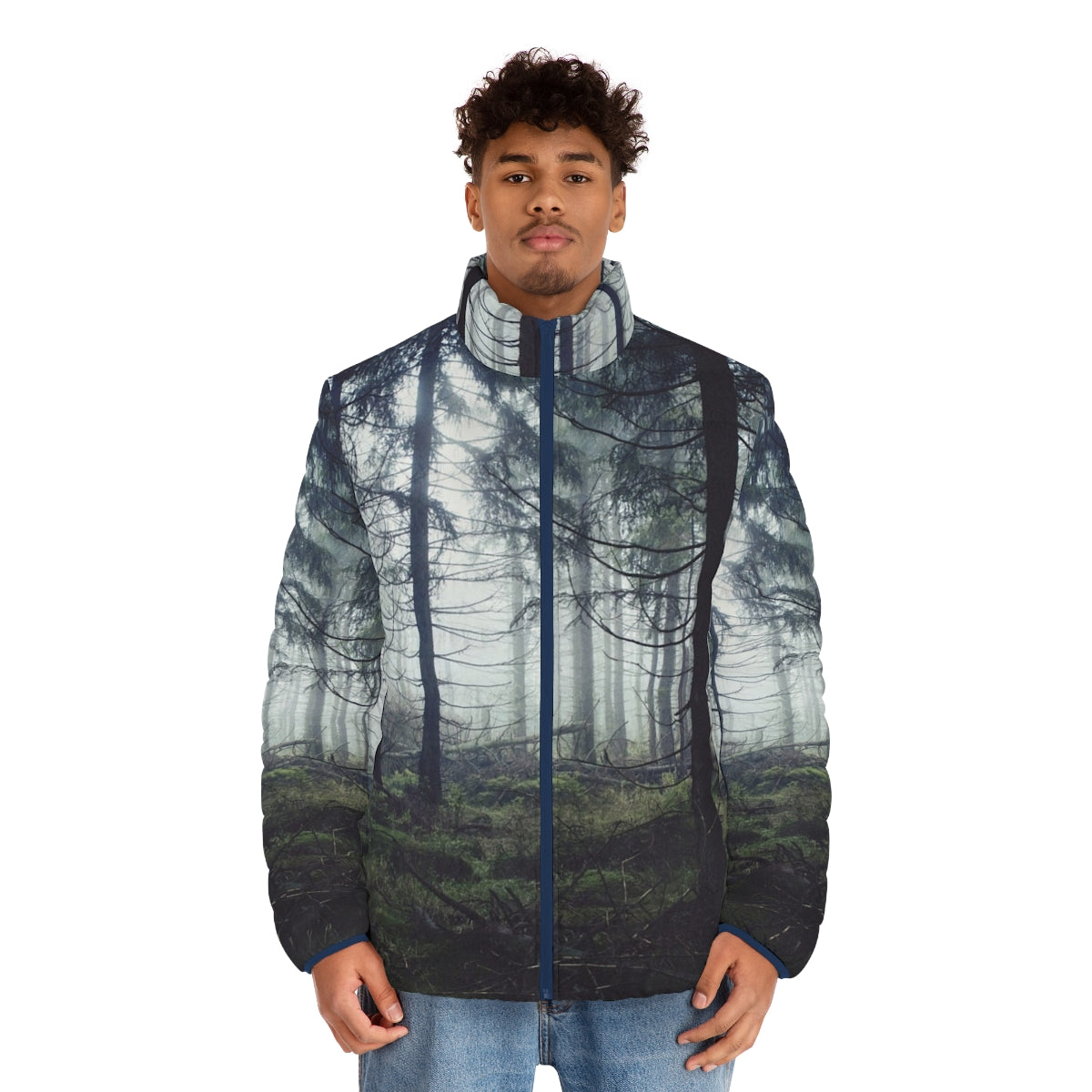 A person wearing a puffer jacket standing in a foggy forest - men front