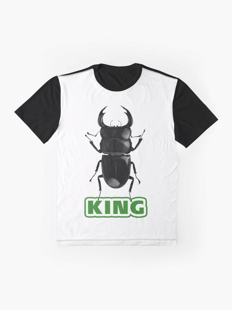 King of Beetles Graphic T-Shirt featuring a stag beetle design in black and glittering details - Flat lay