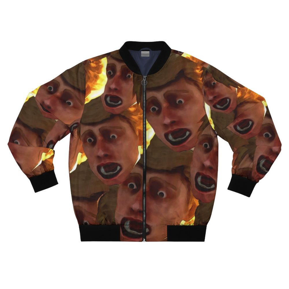 "Chad Is Afraid" Friday the 13th-inspired bomber jacket with a scared, funny face design