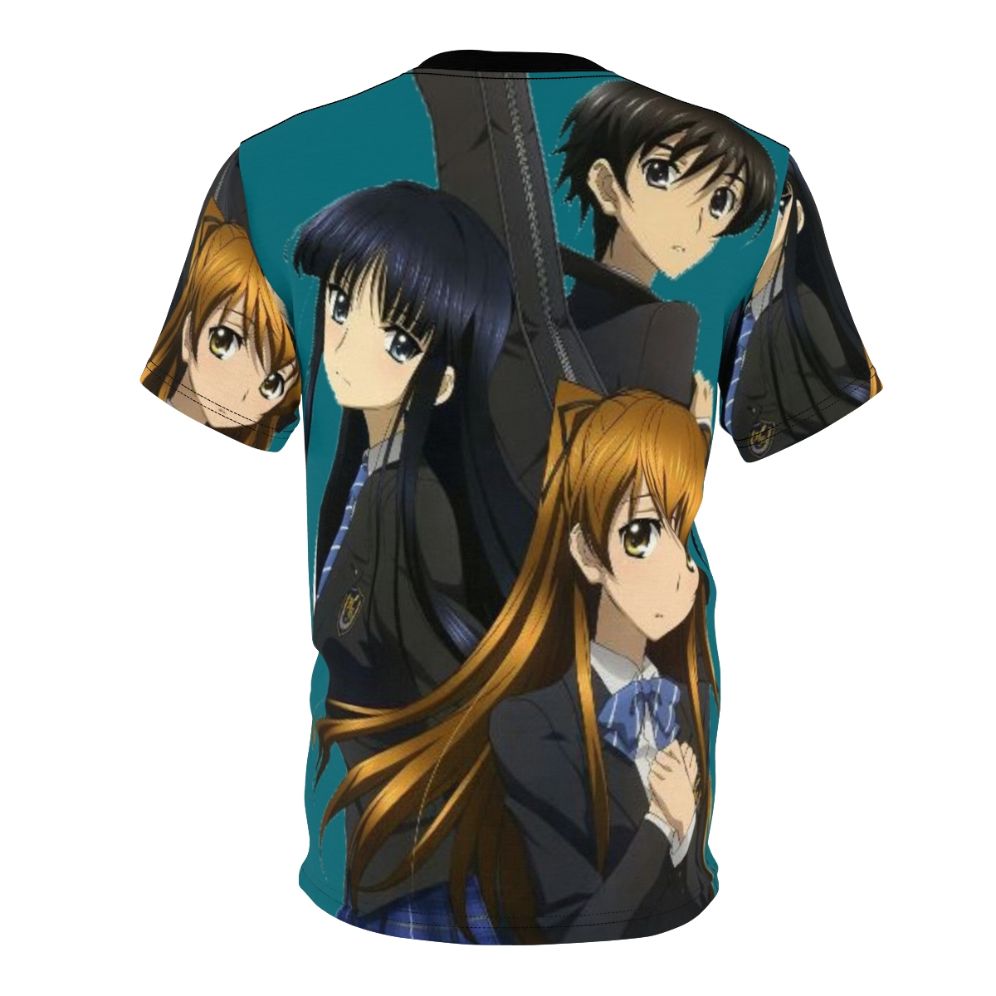 Stylized illustration of anime characters on a white t-shirt - Back