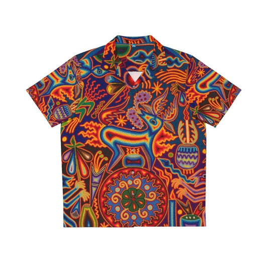 Huichol Hawaiian shirt with colorful abstract design