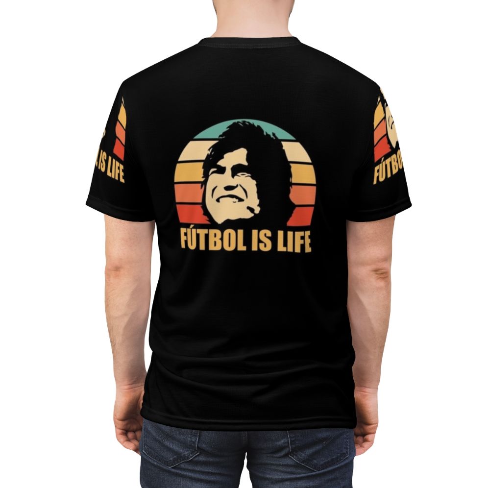 Futbol Is Life AOP T-Shirt, featuring a football-themed design inspired by the TV show Ted Lasso - men back