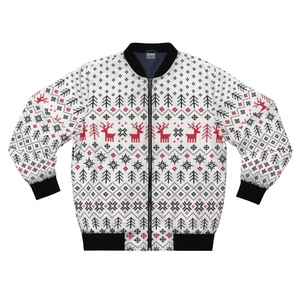 Holiday Sweater Pattern Bomber Jacket with Retro Scandinavian Design