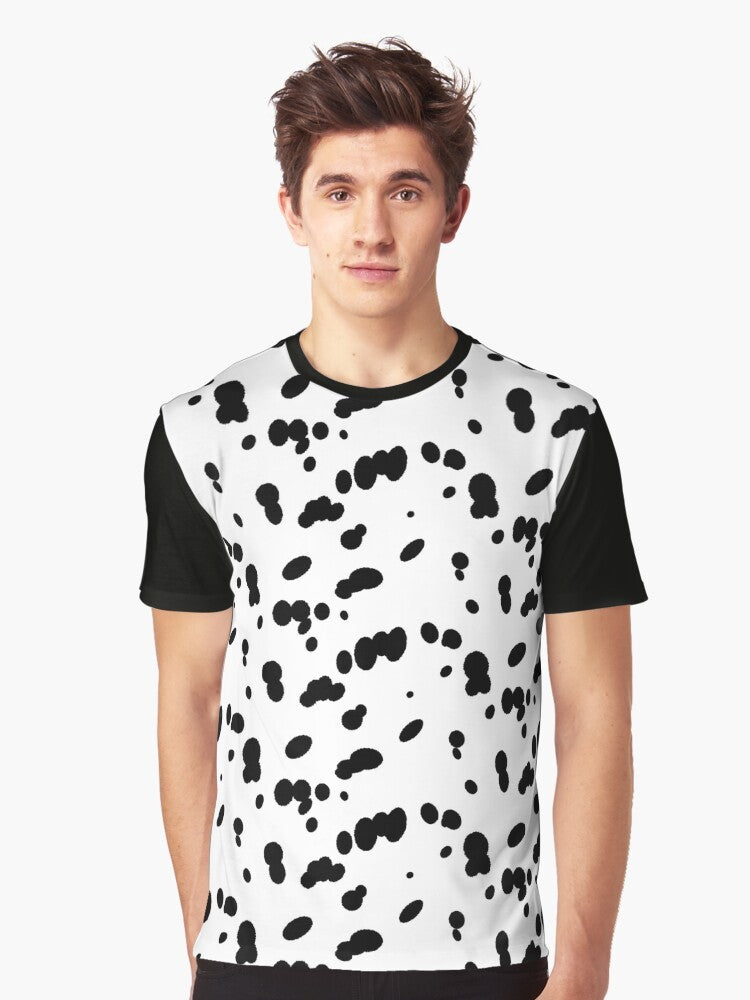 A t-shirt featuring a graphic design of a dalmatian dog's spotted fur pattern. - Men