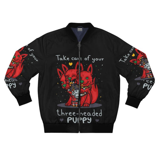 A bomber jacket featuring a cute three-headed puppy design, inspired by Cerberus from the game Hades.