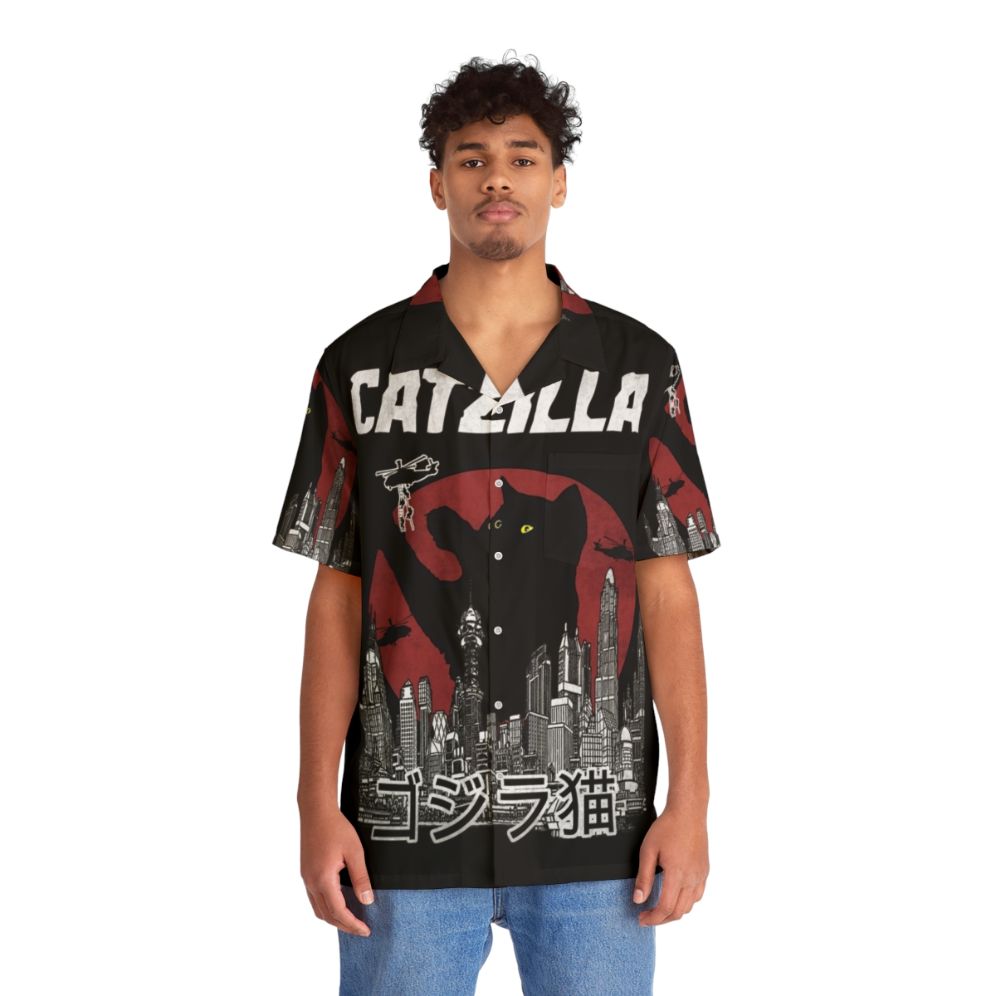 Catzilla Vintage Hawaiian Shirt - Cat Print Inspired by Godzilla and King Kong - People Front