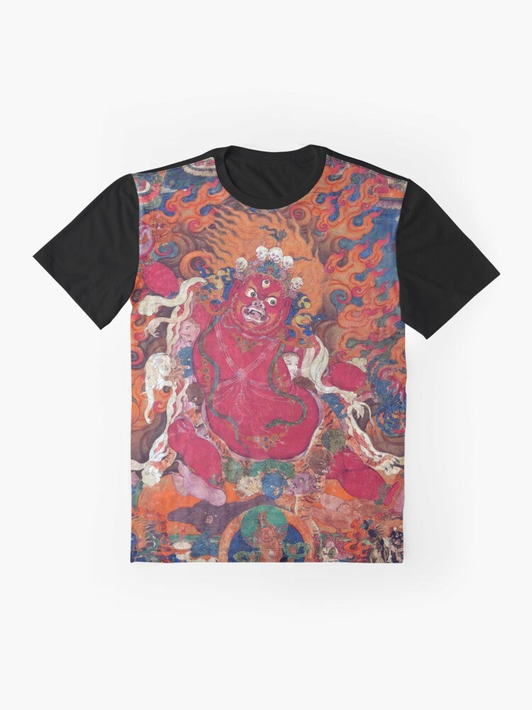 Guru Dragpo, a Tibetan Buddhist deity, featured on a graphic t-shirt with restored Tibetan artwork - Flat lay