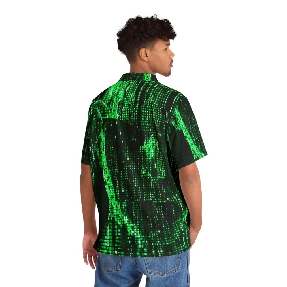 Matrix-inspired Hawaiian shirt with digital code and futuristic design - People Back