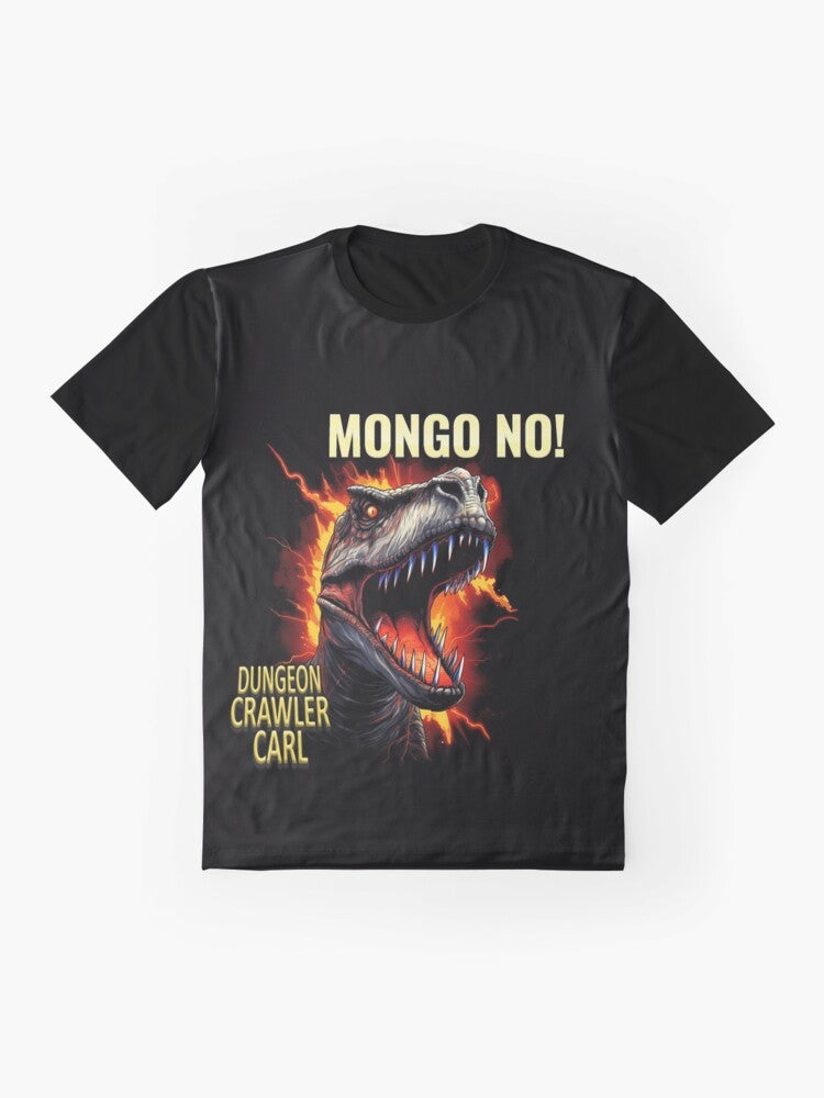 Dungeon Crawler Carl "Mongo!" graphic t-shirt featuring a velociraptor donut design - Flat lay