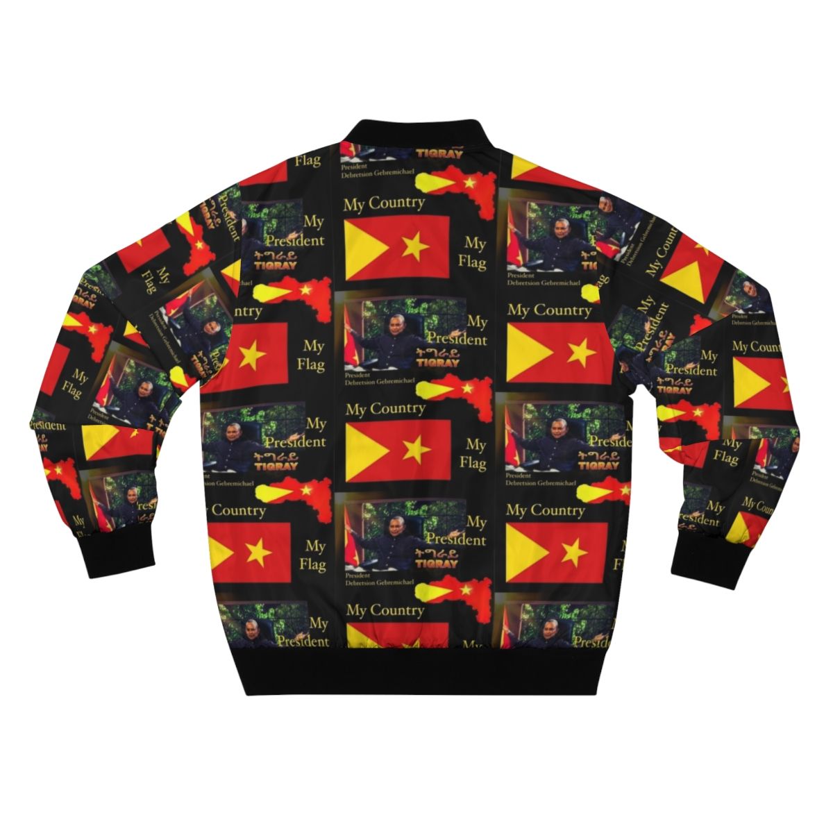 Tigray Pride Bomber Jacket featuring the Tigray flag and portrait of Debretsion Gebremichael - Back