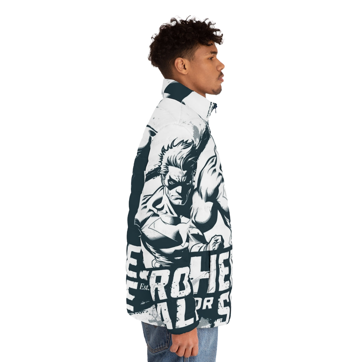 Transparent puffer jacket with classic 90s superhero design - men side right