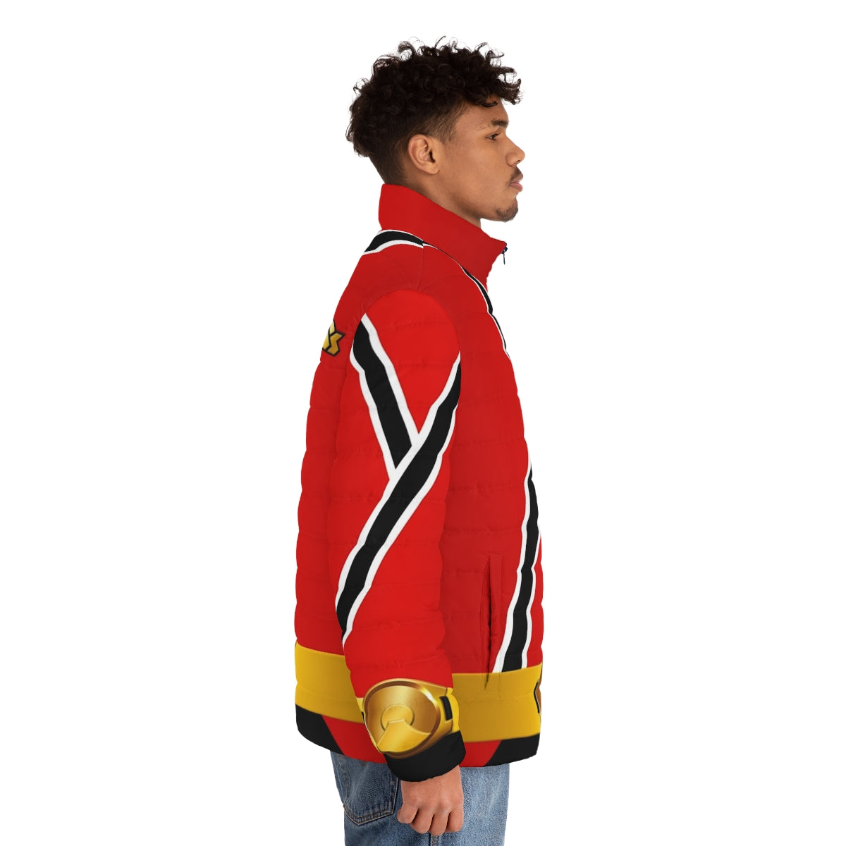 Samurai Red Puffer Jacket with Shinkenger and Super Sentai Inspired Design - men side right