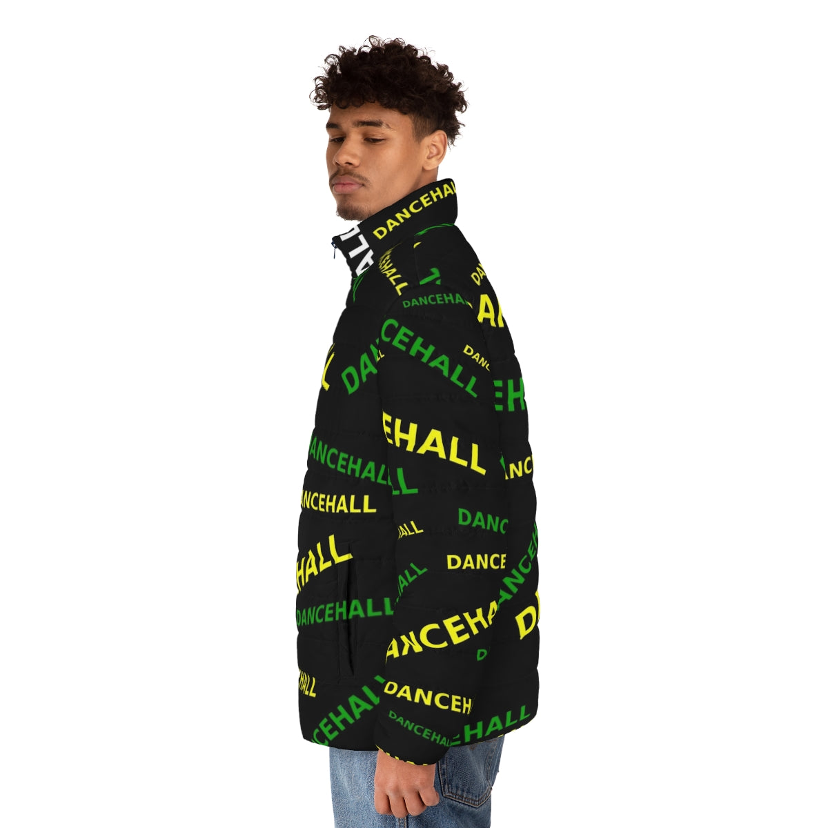 Dancehall-inspired puffer jacket with vibrant color accents - men side left