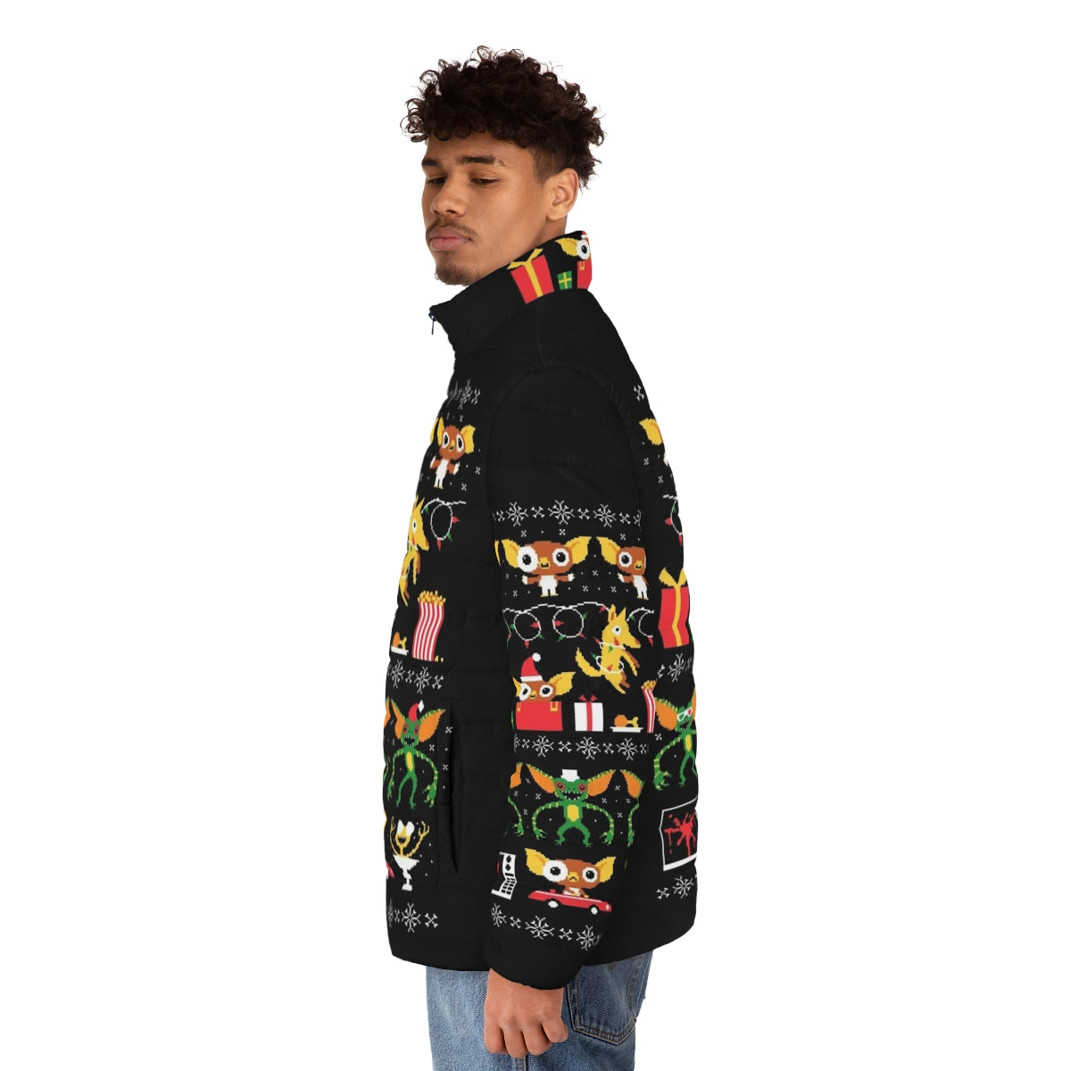 Gremlin-inspired puffer jacket with retro 80s movie graphics - men side left