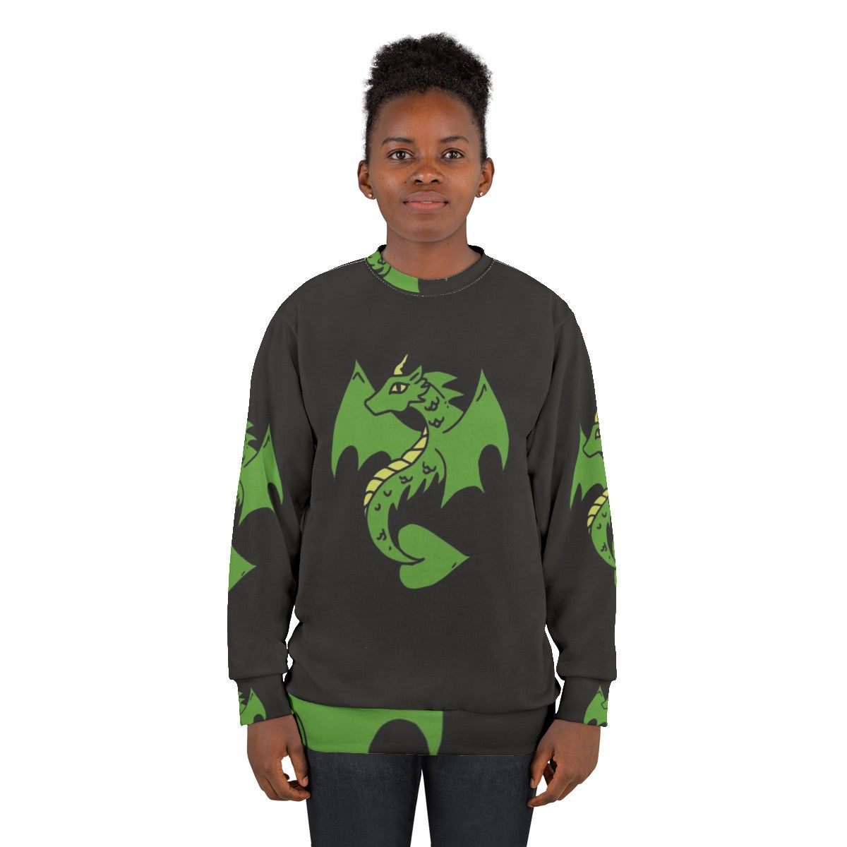 Green dragon design on a cozy sweatshirt for fantasy enthusiasts - women