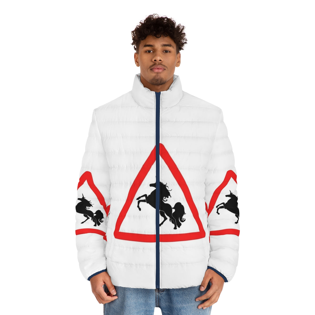 Person wearing a puffer jacket featuring colorful legendary animals like unicorns and dragons - men front