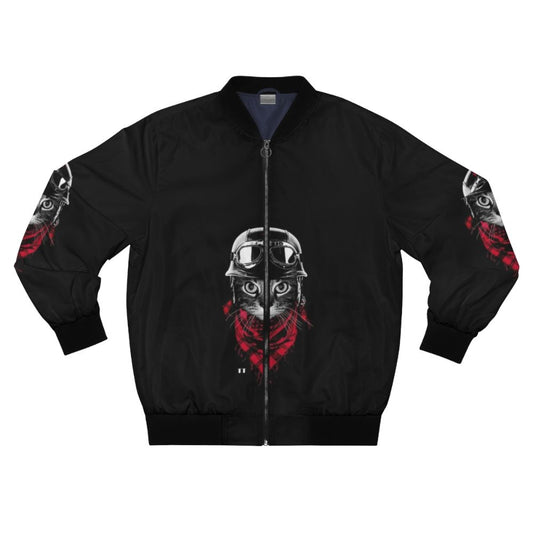 Vintage motorcycle cat bomber jacket with bandaged eyes and glasses