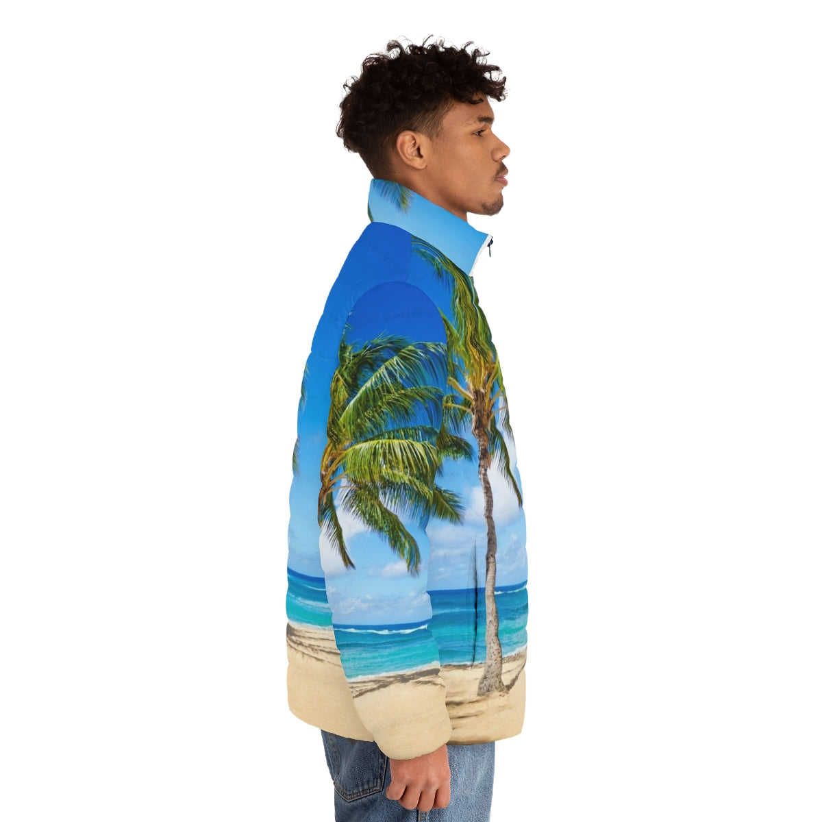 A vibrant puffer jacket featuring a scenic palm tree landscape on a tropical beach in Hawaii - men side right