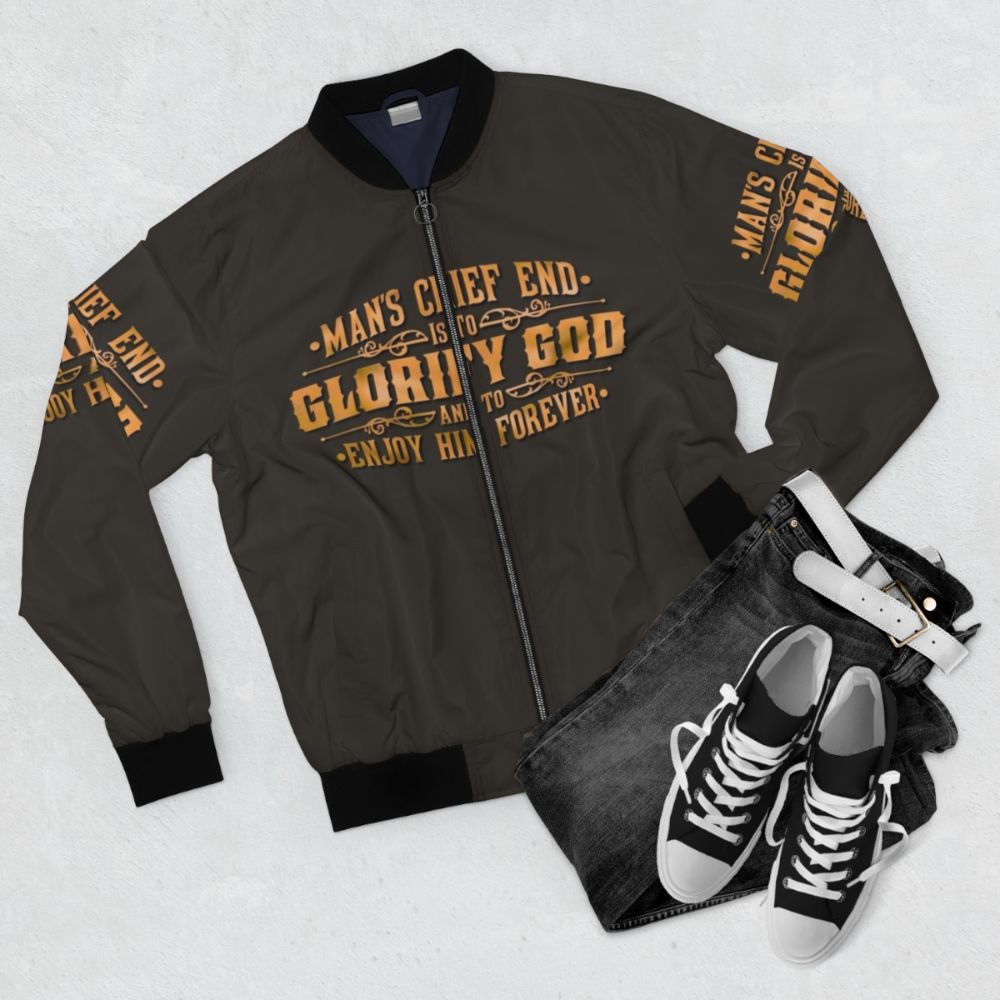 Reformed Theology Westminster Catechism Answer #1 Christian Bomber Jacket - Flat lay