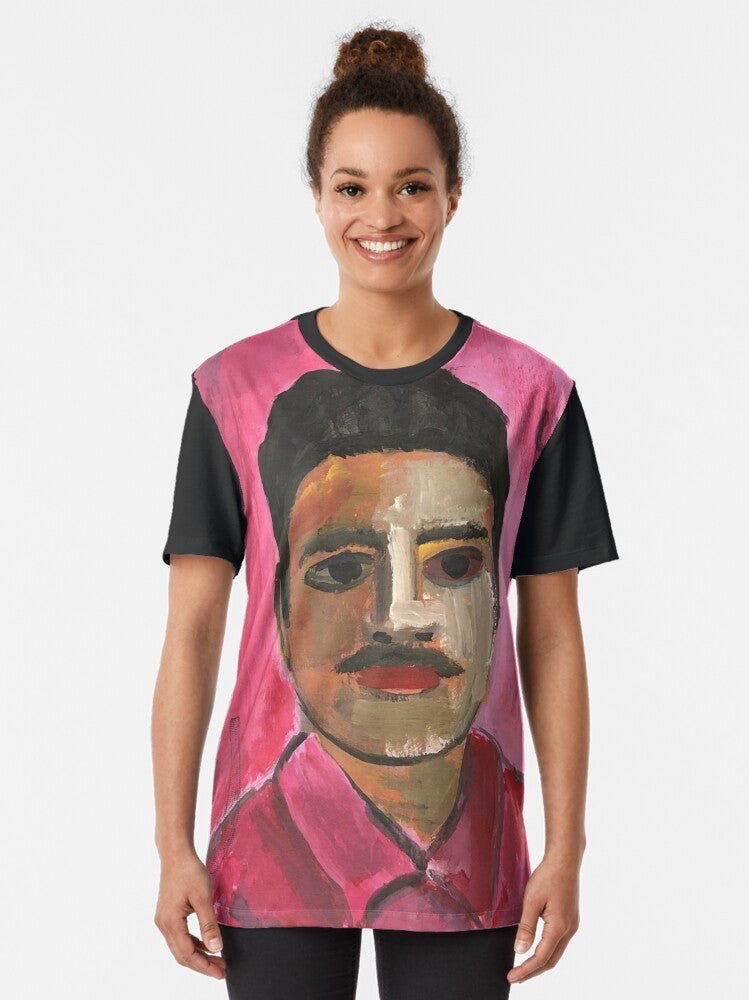 Graphic t-shirt featuring a portrait of a cowboy with a mustache, horse shoe, and impressionistic brush strokes - Women