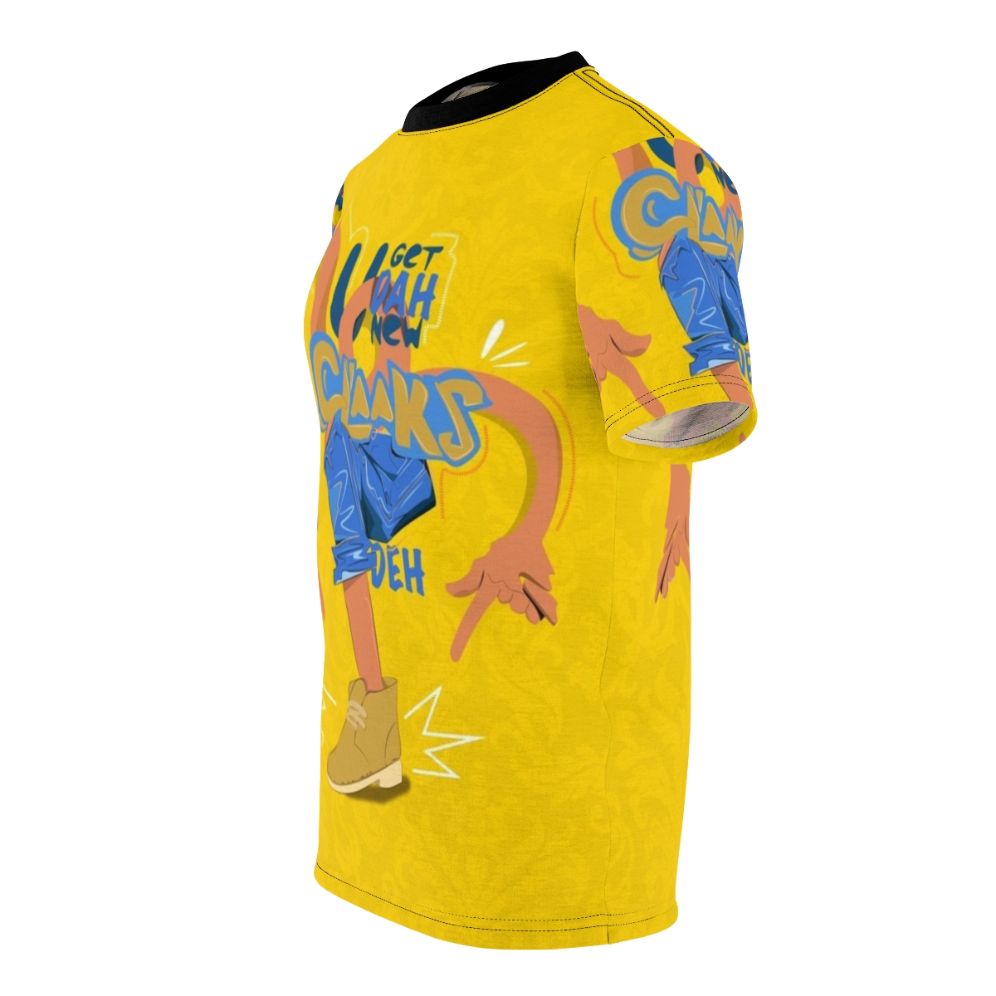 Vibrant all-over-print t-shirt featuring Jamaican-inspired graphics and typography - men left