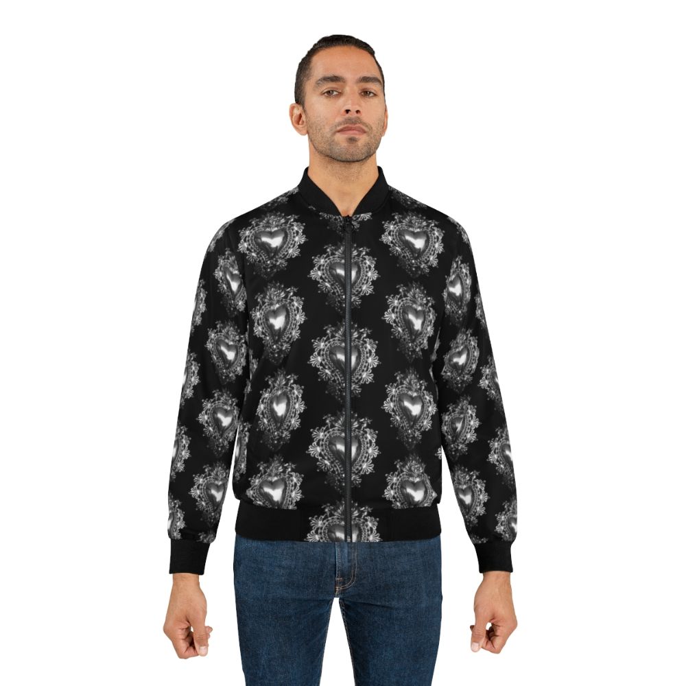 Handmade silver tin sacred heart bomber jacket with Mexican folk art metalwork design - Lifestyle