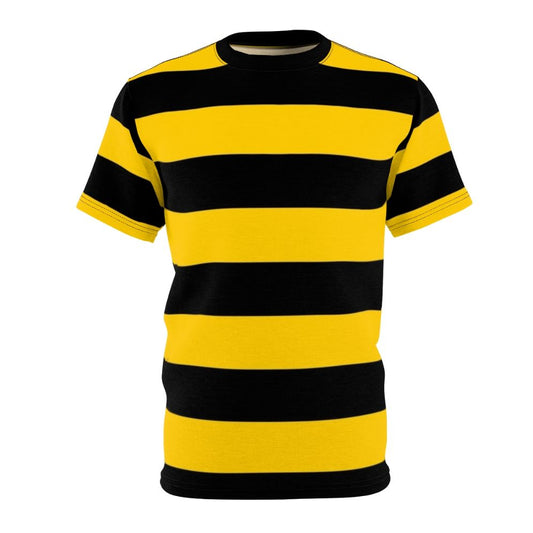 A high-quality all-over print t-shirt featuring a stylized bee pattern with black and yellow striped background.