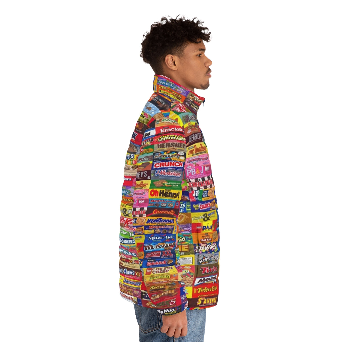 Colorful candy wrapper puffer jacket with a vibrant and unique design - men side right