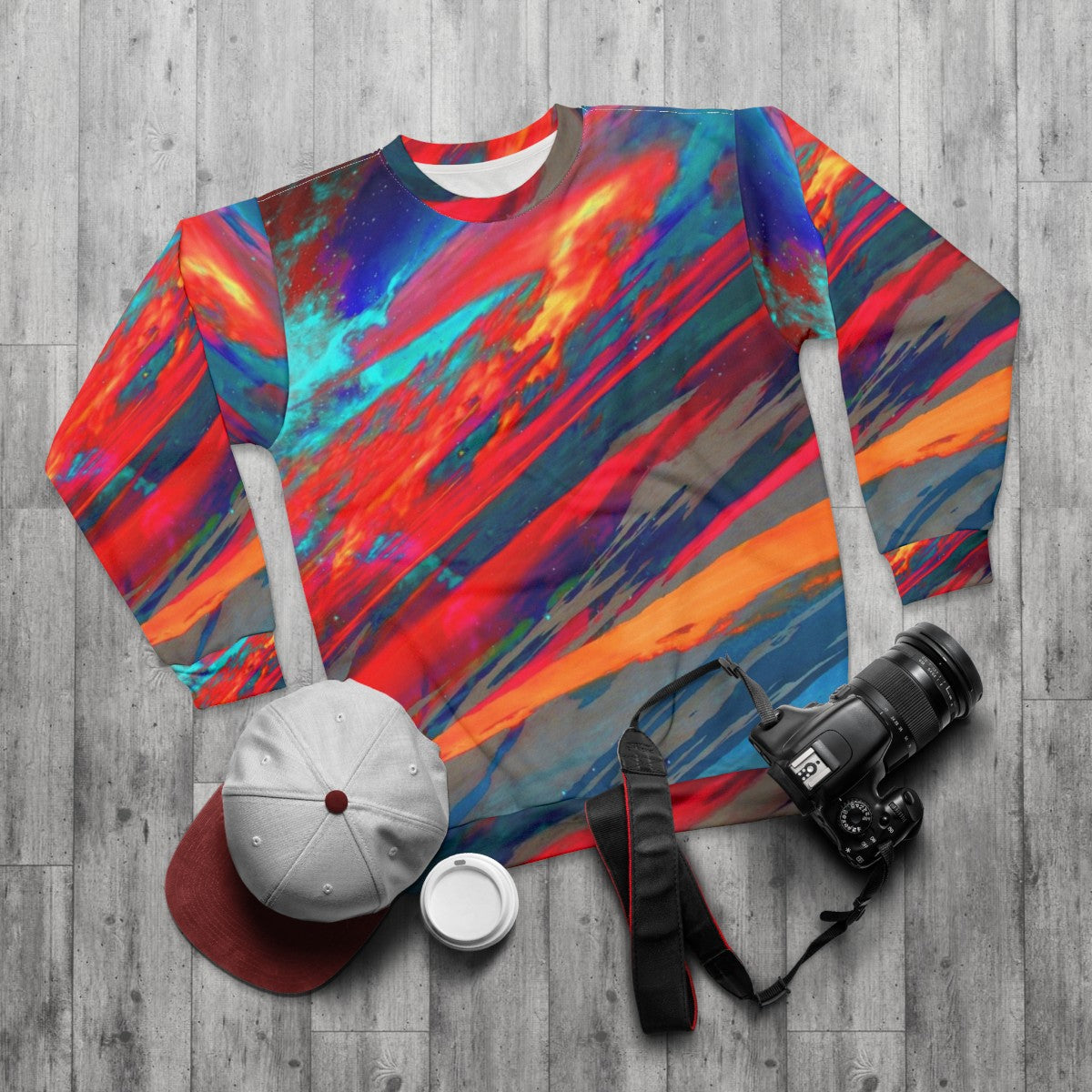 Cosmic Nebula Sweatshirt featuring a vibrant galaxy design - flat lay