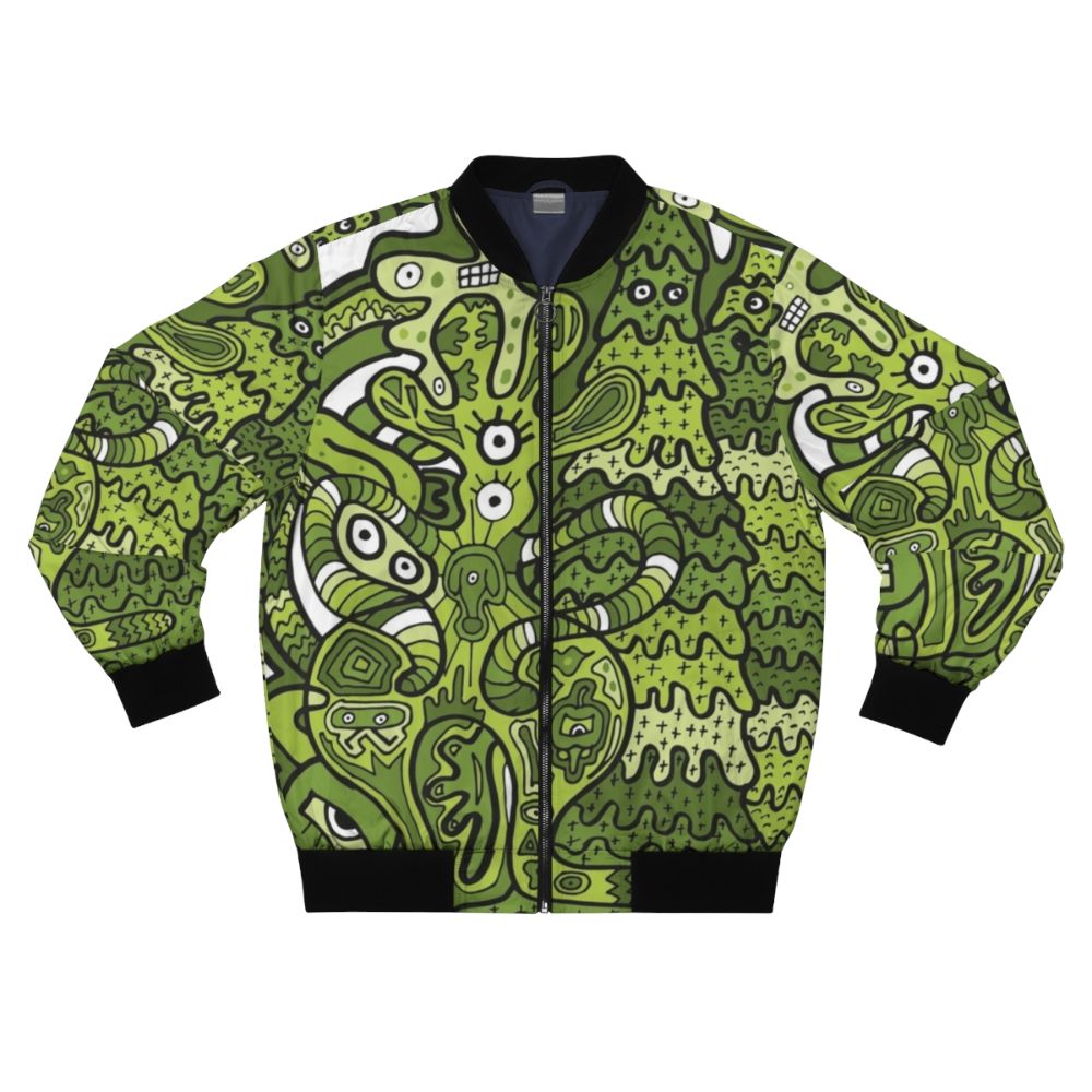 A vibrant bomber jacket featuring a doodle of a bouncing squid-like creature in various colors.