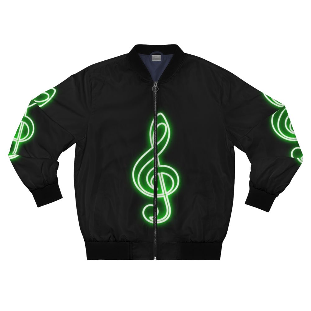 Neon green bomber jacket with a treble clef design