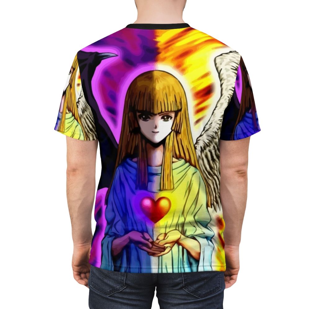 Anime-inspired Yu-Gi-Oh! Change of Heart t-shirt design featuring blue eyes white dragon, dark magician, and other iconic characters. - men back