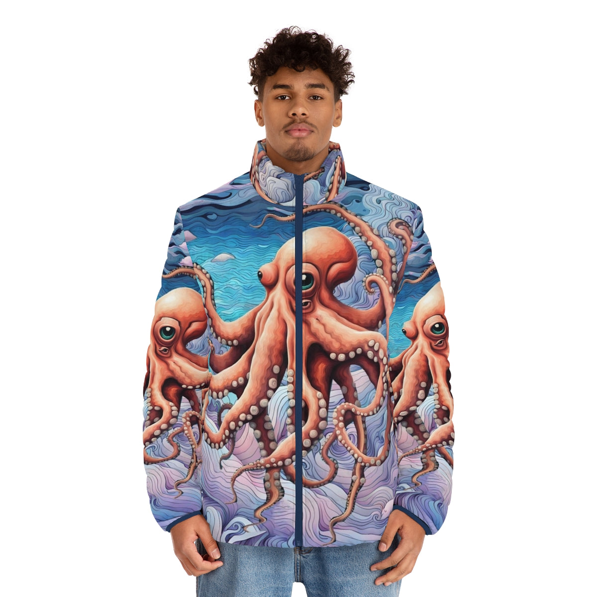 Colorful puffer jacket with an octopus print design - men front