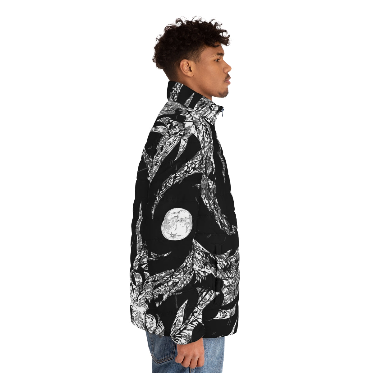 Dark Moon Puffer Jacket with Nature, Anime, and Japanese Inspired Designs - men side right