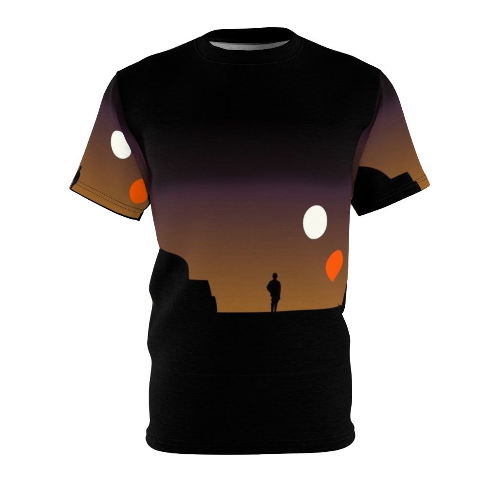 Double sunset graphic on a navy blue t-shirt, inspired by sci-fi movies