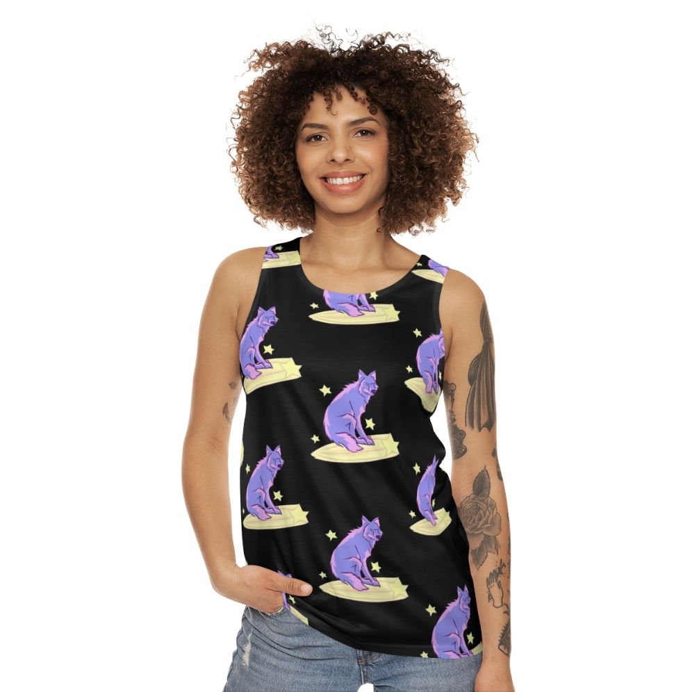 Unisex tank top with a celestial wolf design - women