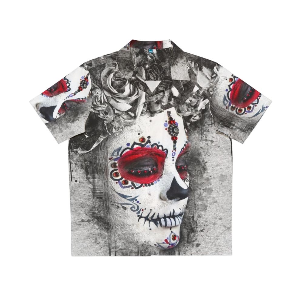 Catrina Boho Queen Hawaiian Shirt featuring a vibrant sugar skull and floral watercolor design