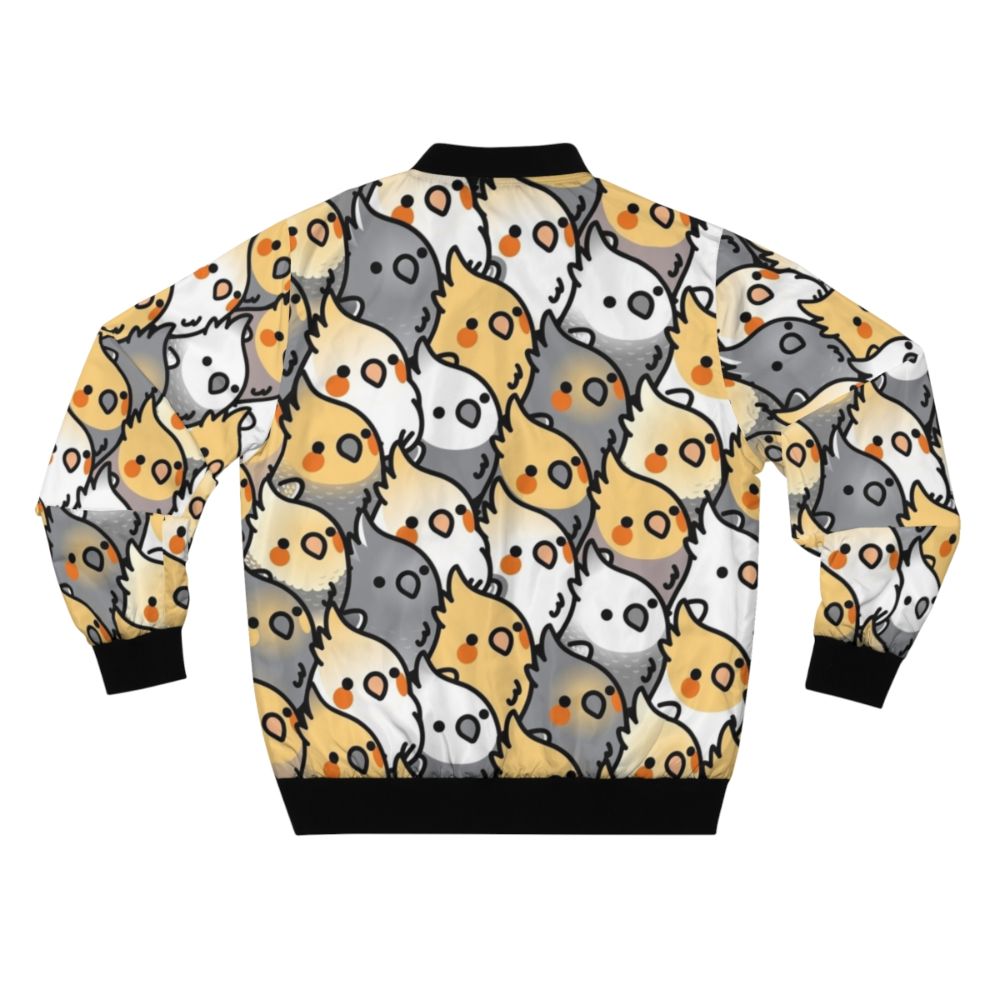 A colorful bomber jacket featuring a repeating pattern of cute cockatiels in shades of white, grey, and orange. - Back