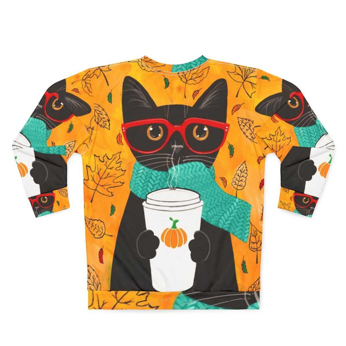 Autumn Pumpkin Coffee Cat Sweatshirt with Nerd Cat in Glasses - Back