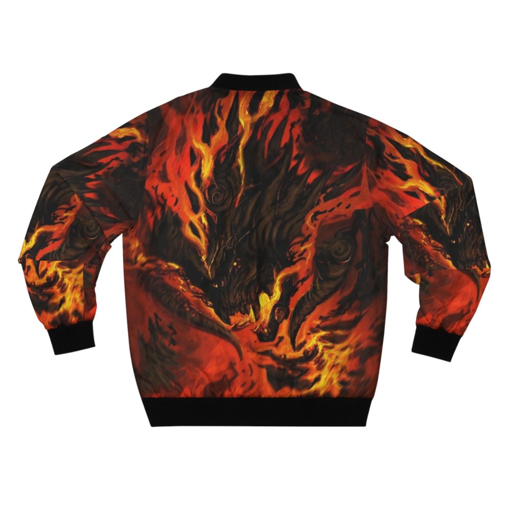 Fiery devil-inspired bomber jacket with flames and red accents - Back