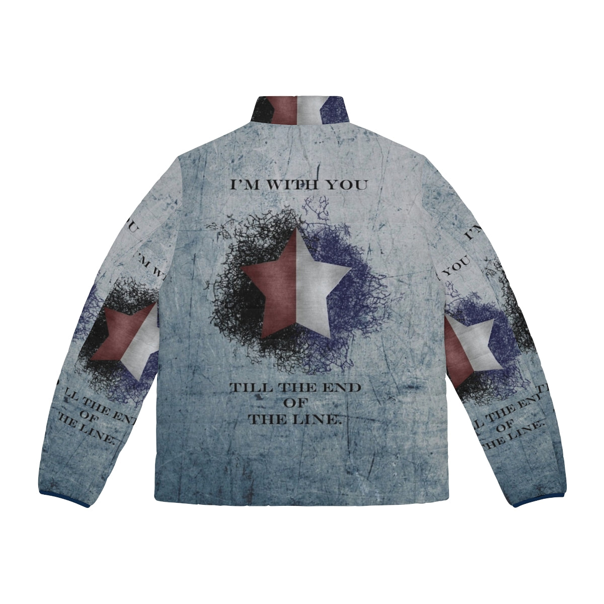 "A puffer jacket featuring the 'I'm With You Till the End of the Line' quote from Captain America: The Winter Soldier" - Back