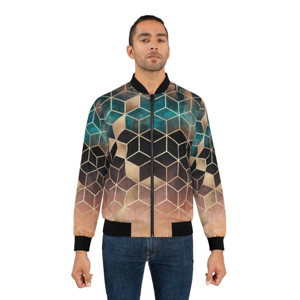 Ombre geometric pattern bomber jacket with cubes and lines - Lifestyle