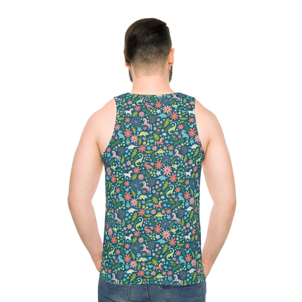 Dinosaur and unicorn unisex tank top with a floral pattern - men back