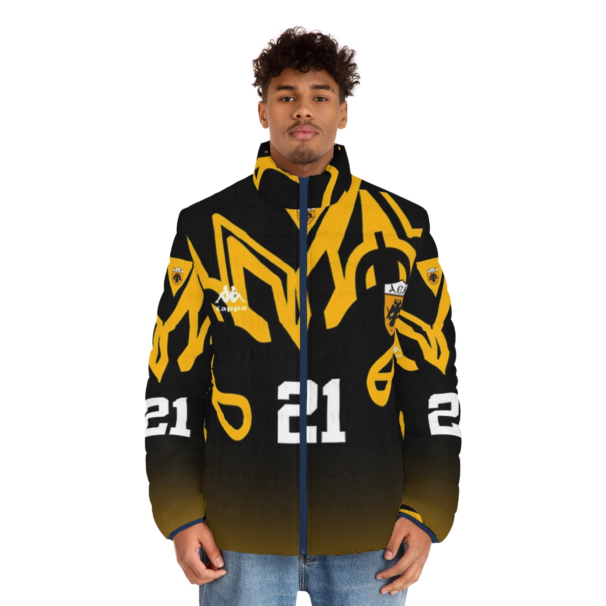 Aek retro 1997 homage puffer jacket in a vintage Greek football style - men front